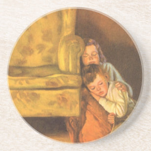 Dessous De Verre En Grès Noël vintage Enfants attendant le Père Noël