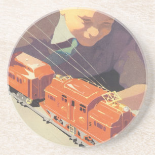 Dessous De Verre En Grès Noël vintage, garçon jouant avec des trains jouets