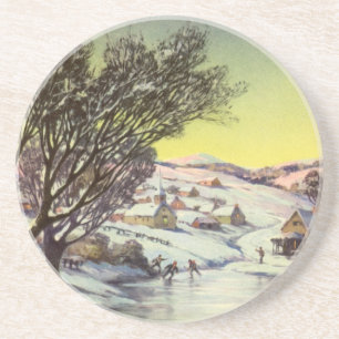 Dessous De Verre En Grès Noël vintage, lac gelé avec patineurs