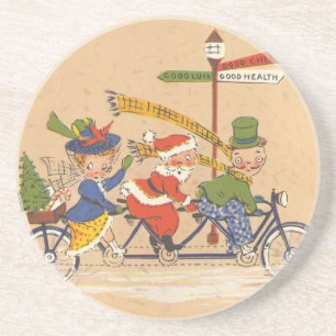 Dessous De Verre En Grès Noël vintage, le Père Noël à bicyclette