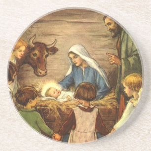 Dessous De Verre En Grès Noël Vintage, Nativité Religieuse avec Bébé Jésus