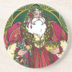 Dessous De Verre En Grès Noël vintage, Père Noël avec feuilles de houx