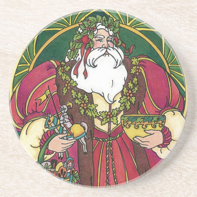 Dessous De Verre En Grès Noël Vintage, Père Noël avec Feuilles Holly (Devant)