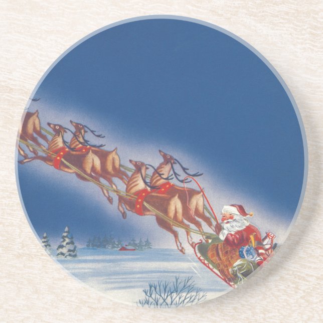 Dessous De Verre En Grès Noël Vintage, Père Noël Flying Sleigh w Reindeer (Devant)