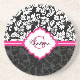 Dessous De Verre En Grès Noir blanc et rose Vintage Damas florales
