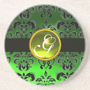 Dessous De Verre En Grès NOIR ET VERT DAMASK Yellow Topaz Monogramme