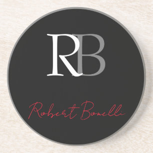 Dessous De Verre En Grès Noir moderne Noir Monogramme Initiales Nom