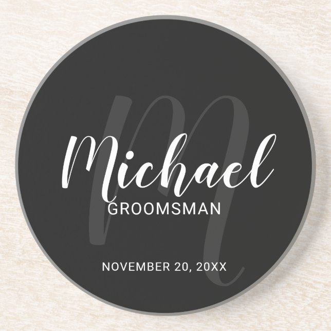 Dessous De Verre En Grès Noir Script moderne Groomsmen personnalisé (Devant)