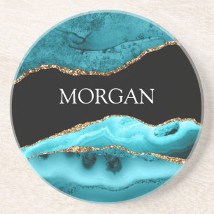 Dessous De Verre En Grès Nom blanc sur le volet noir, or et Turquoise