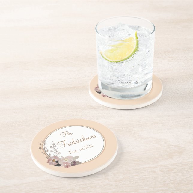 Dessous De Verre En Grès Nom de famille Aquarelle Floral (Côté)