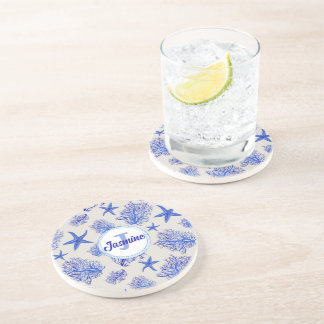 Dessous De Verre En Grès Nom monogramme personnalisé de l'étoile de mer-cor