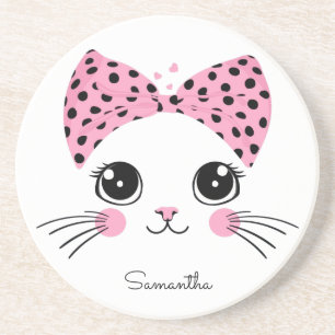 Dessous De Verre En Grès Nom personnalisé Cute face de chat