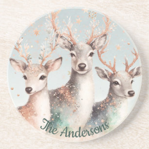 Dessous De Verre En Grès Nom personnalisé Watercolor Deer Winter Woodland