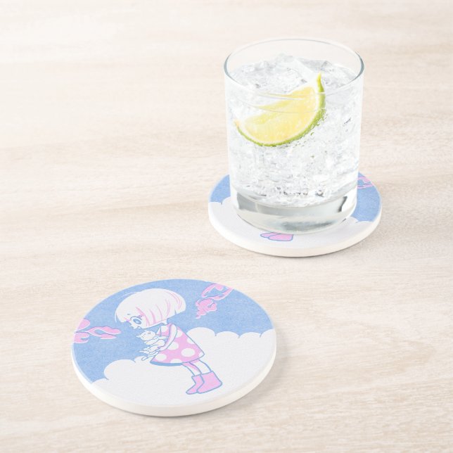 Dessous De Verre En Grès Nuages d'été, Fille et Kitty (Côté)
