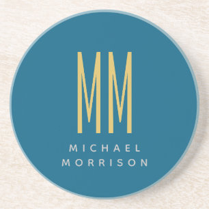 Dessous De Verre En Grès Ocean Blue Gold Monogramme Lettres initiales Nom