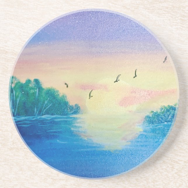 Dessous De Verre En Grès Ocean Sunset Peinture originale à l'huile sur un D (Devant)