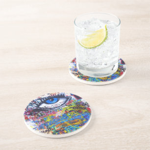 Dessous De Verre En Grès Oeil mauvais de graffiti bleu