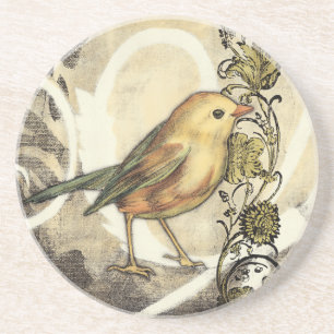 Dessous De Verre En Grès Oiseau jaune et vert sur l'arrière - plan vintage