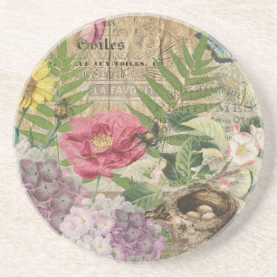 Dessous De Verre En Grès Oiseau Nid Floral Jardin Fleur Papillon Art