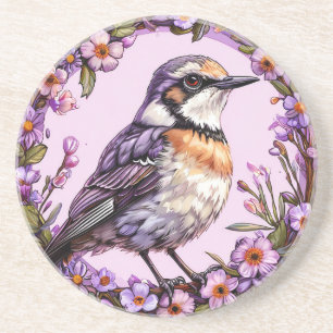 Dessous De Verre En Grès 🐦 Oiseau sur fond floral lilas 🐦
