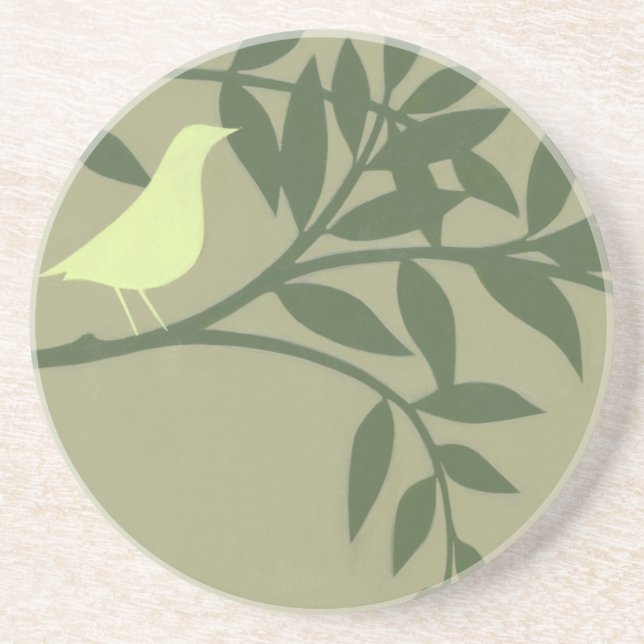 Dessous De Verre En Grès Oiseau vert perché sur une branche verte (Devant)