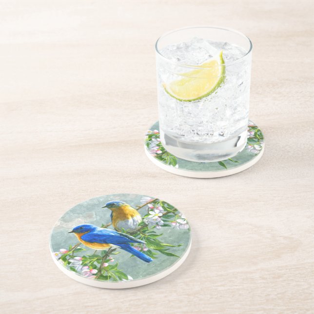 Dessous De Verre En Grès Oiseaux bleus jaunes Cerisier Fleur Arbre Peinture (Côté)