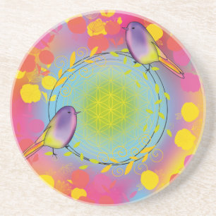 Dessous De Verre En Grès Oiseaux chanteurs colorés Fleur de Vie Géométrie s