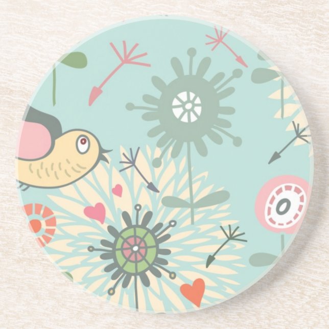Dessous De Verre En Grès Oiseaux illustrés et fleurs printanières (Devant)