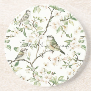 Dessous De Verre En Grès Oiseaux verts fleurs blanches arbre