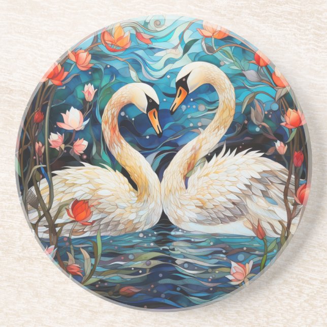 Dessous De Verre En Grès Orange Floral Romantic Swans Vitrail (Devant)