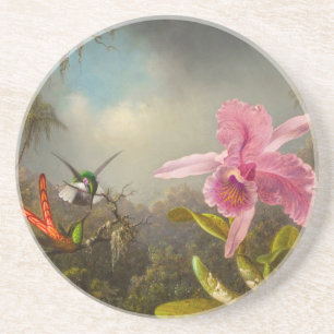 Dessous De Verre En Grès Orchidée avec deux colibris Heade