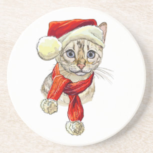 Dessous De Verre En Grès Oreiller à lancer de chats de Noël Bengale de neig