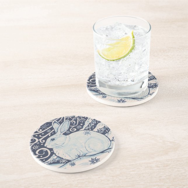 Dessous De Verre En Grès Original Noël Rabbit Bleu & Blanc (Côté)