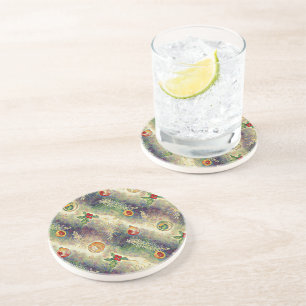 Dessous De Verre En Grès Ornements de Noël et Motif de Branches de Houx