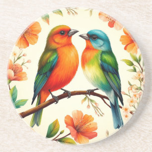 Dessous De Verre En Grès Paire d'oiseaux colorés assis parmi des floraisons