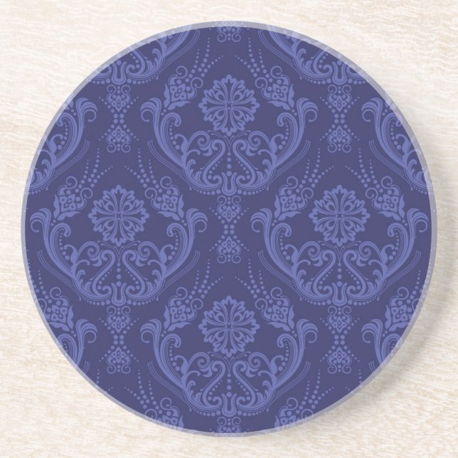 Dessous De Verre En Grès Papier peint floral bleu de luxe de damassé (Devant)