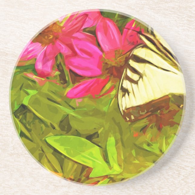 Dessous De Verre En Grès Papillon à queue jaune sur Fleurs Abstrait (Devant)