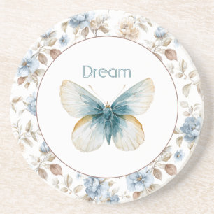 Dessous De Verre En Grès Papillon Fleurs Marron Crème Bleu Tan