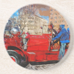 Dessous De Verre En Grès Parading Antique Fire Truck Impressionnisme Abstra