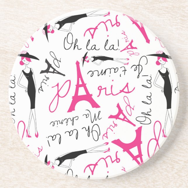 Dessous De Verre En Grès Paris Chic rose noir et blanc (Devant)