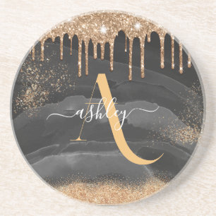 Dessous De Verre En Grès Parties scintillant de goutte d'or Monogramme méta