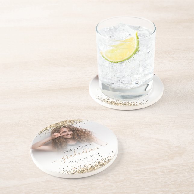 Dessous De Verre En Grès Parties scintillant d'or Nom photo Graduation 2024 (Côté)