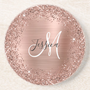 Dessous De Verre En Grès Parties scintillant or rose et Monogramme glam fil