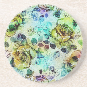 Dessous De Verre En Grès Pastel Roses & Oiseaux Design
