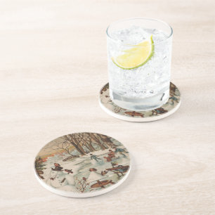 Dessous De Verre En Grès Patinage de glace vintage de scène de Noël