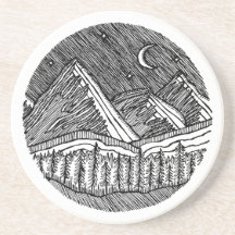 Paysage alpin rond dessiné à l'encre noire et blan