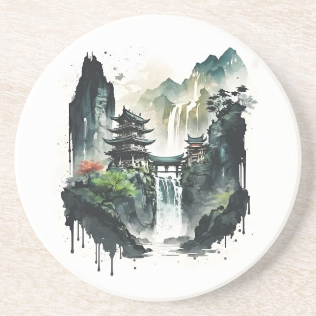 Dessous De Verre En Grès Paysage antique de l'encre chinoise avec cascade (Devant)