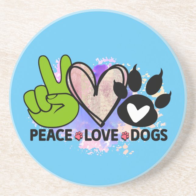 Dessous De Verre En Grès Peace Love Chiens Hippie Style Coeur Paw Bright (Devant)