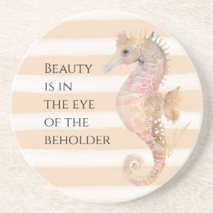 Dessous De Verre En Grès Peach Crème Aquarelle Beach Stripes Or Seahorse