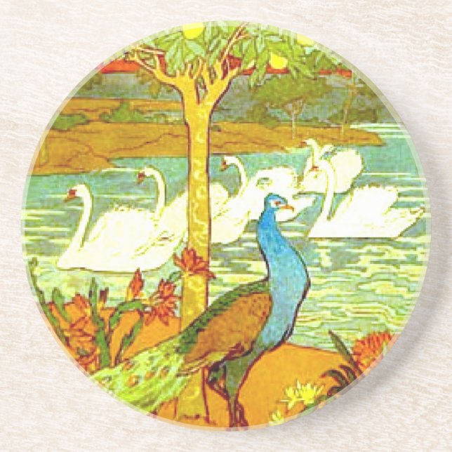 Dessous De Verre En Grès Peacocks et cygnes (Devant)